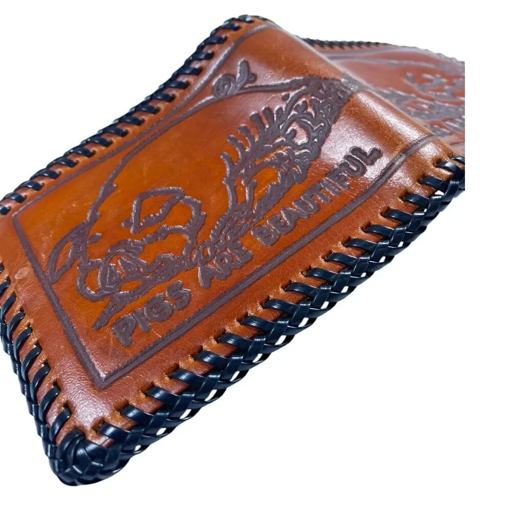 Vtg 1970 Hand Tooled Leather Bifold Wallet Pigs Are Beautiful Whipstitch Western